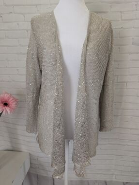 Sequin Knit Open-Front Cardigan Sweater - Cream